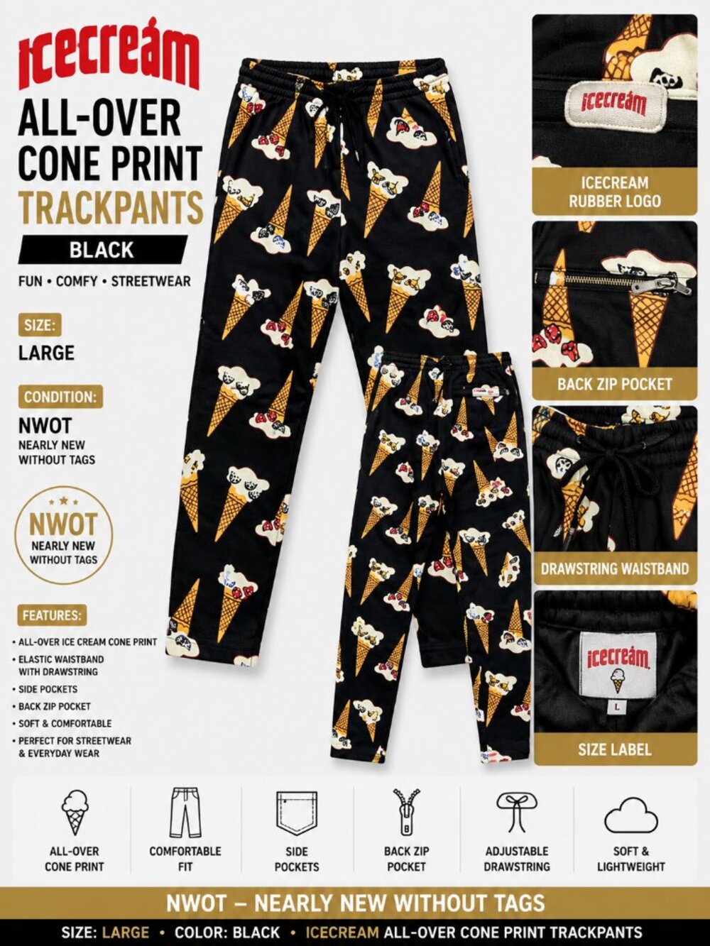 NWOT ICECREAM All Over Cone Print Track Pants Black Unisex Size L
